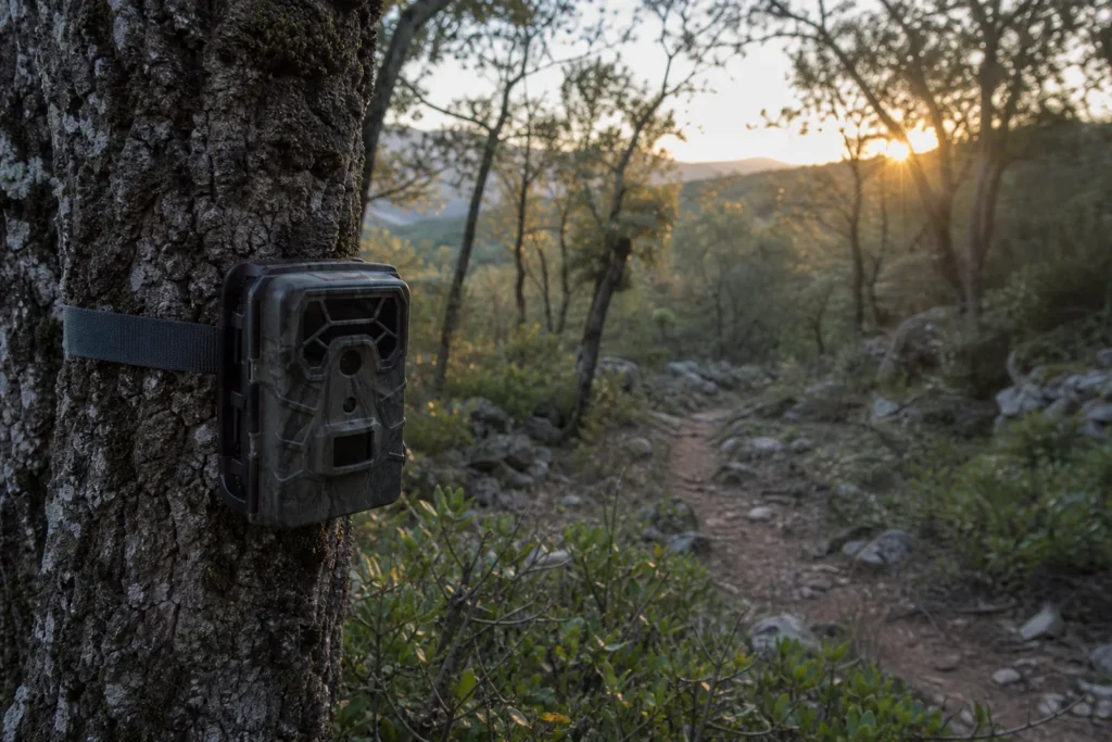 Cámara de fototrampeo sin marca instalada en un bosque mediterráneo