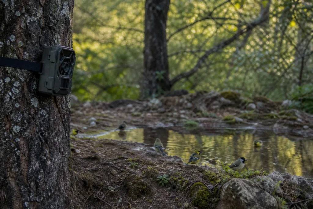 Cámara de fototrampeo sin marca observando aves desde una distancia respetuosa