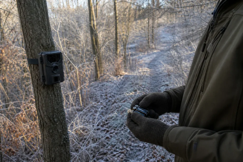Cámara de fototrampeo instalada y revisada en un bosque con helada