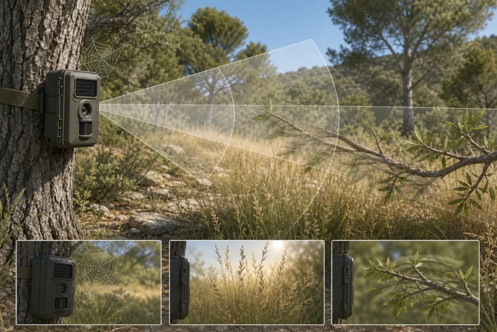 Ilustración de la zona PIR de una cámara trampa con hierba, una rama y una telaraña que pueden activar el sensor