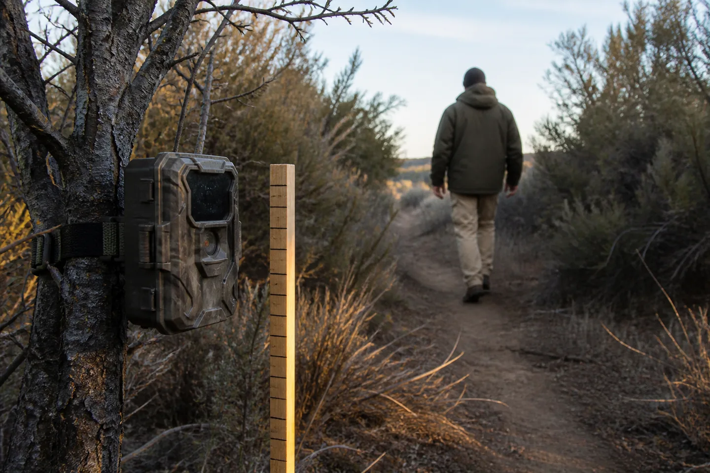 Prueba de paso delante de una cámara de fototrampeo instalada en un sendero estrecho