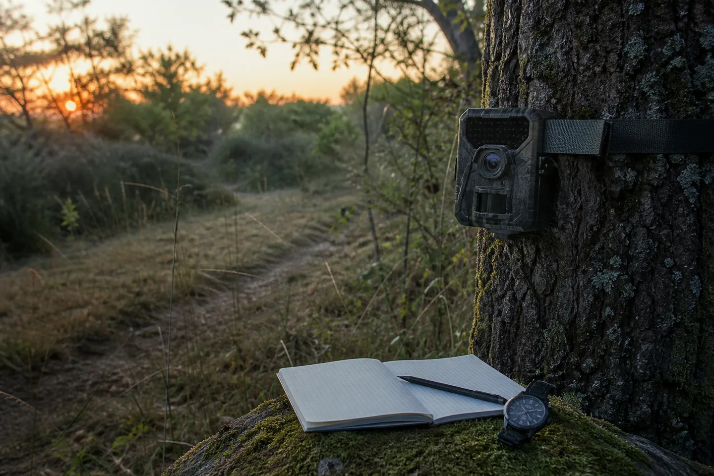 CÃ¡mara de fototrampeo instalada junto a una senda para ajustar el intervalo