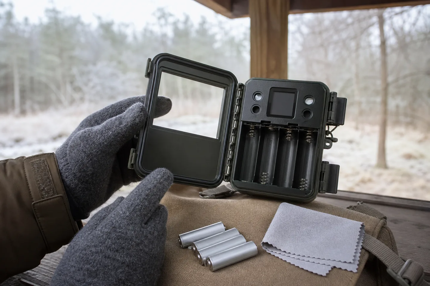 Revisión de la junta y el compartimento de pilas de una cámara de fototrampeo en invierno