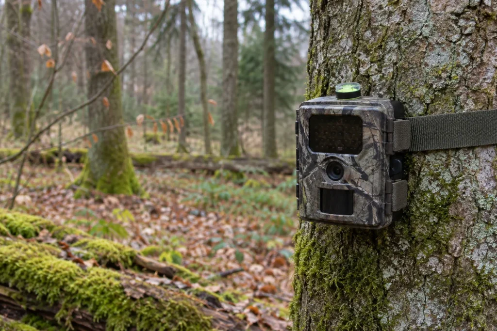 Nivel de burbuja para fototrampeo junto a una cámara en el bosque