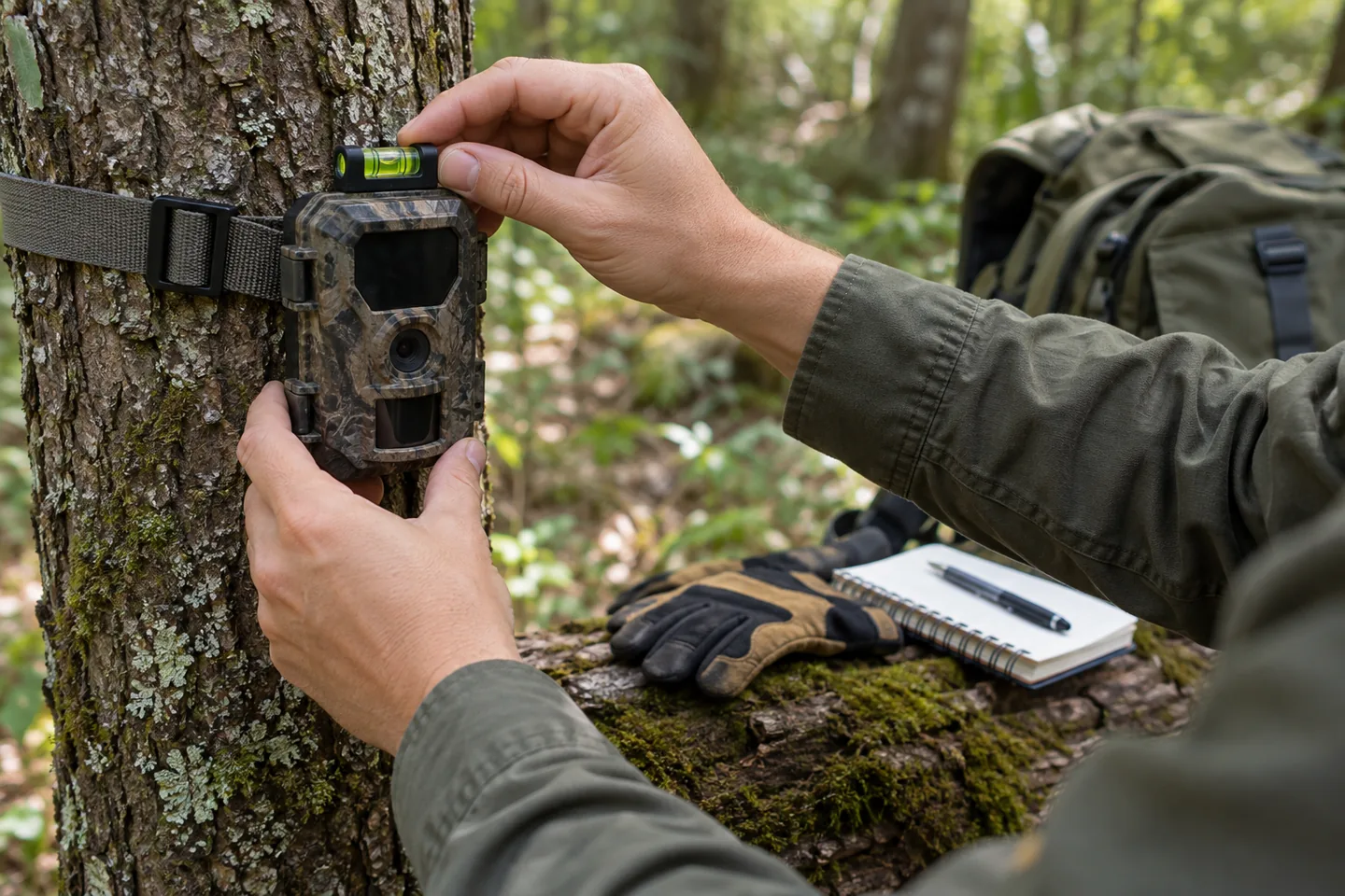 Nivel de burbuja para fototrampeo usado al ajustar una cámara en un árbol