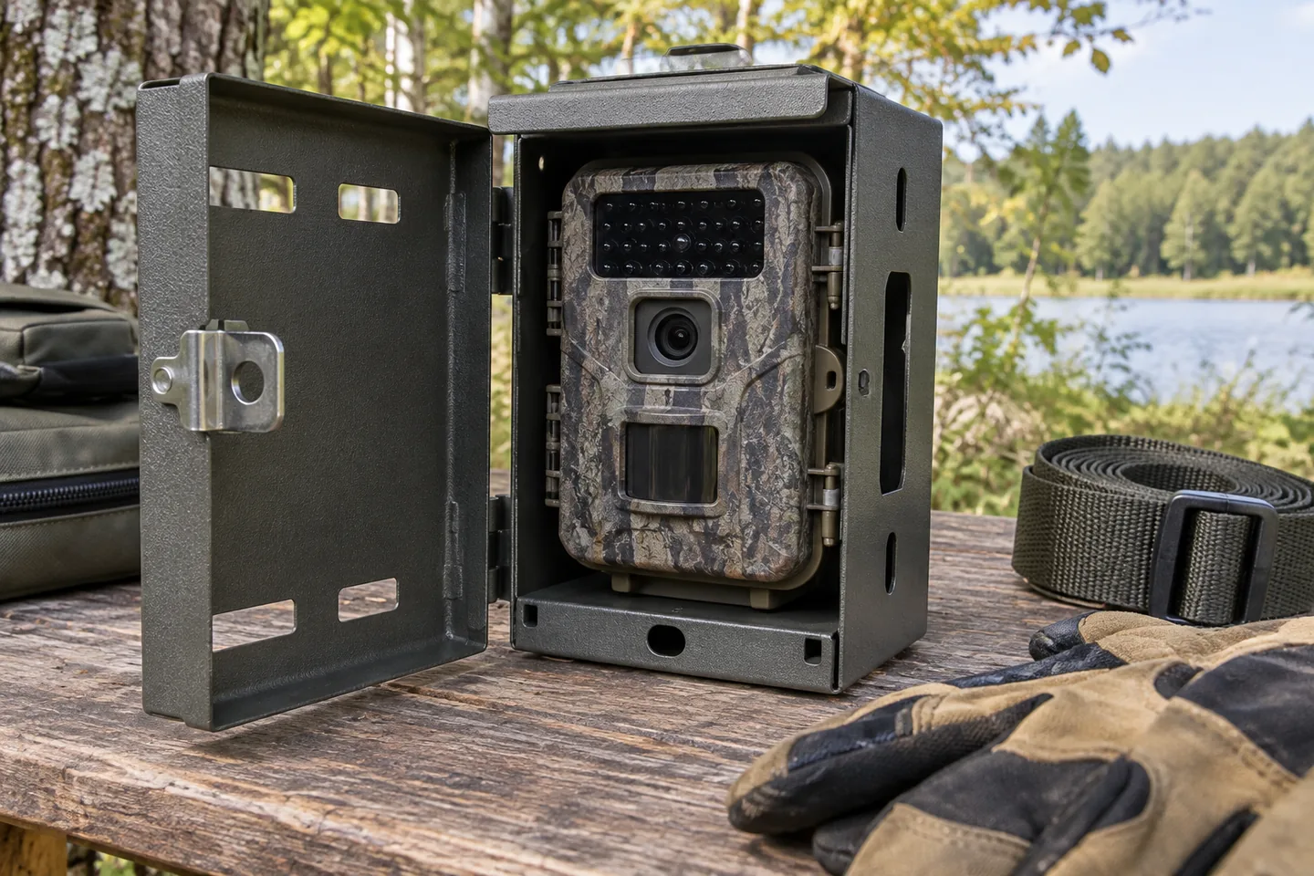 Caja de seguridad para cámara de fototrampeo con huecos alineados para sensor y flash
