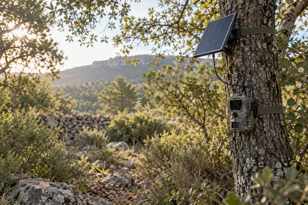 Panel solar para cámara de fototrampeo instalado con cuidado