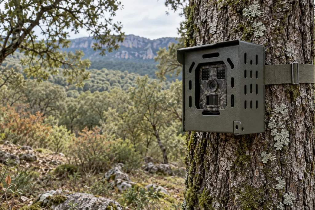 Cámara de fototrampeo dentro de una caja de seguridad en un árbol