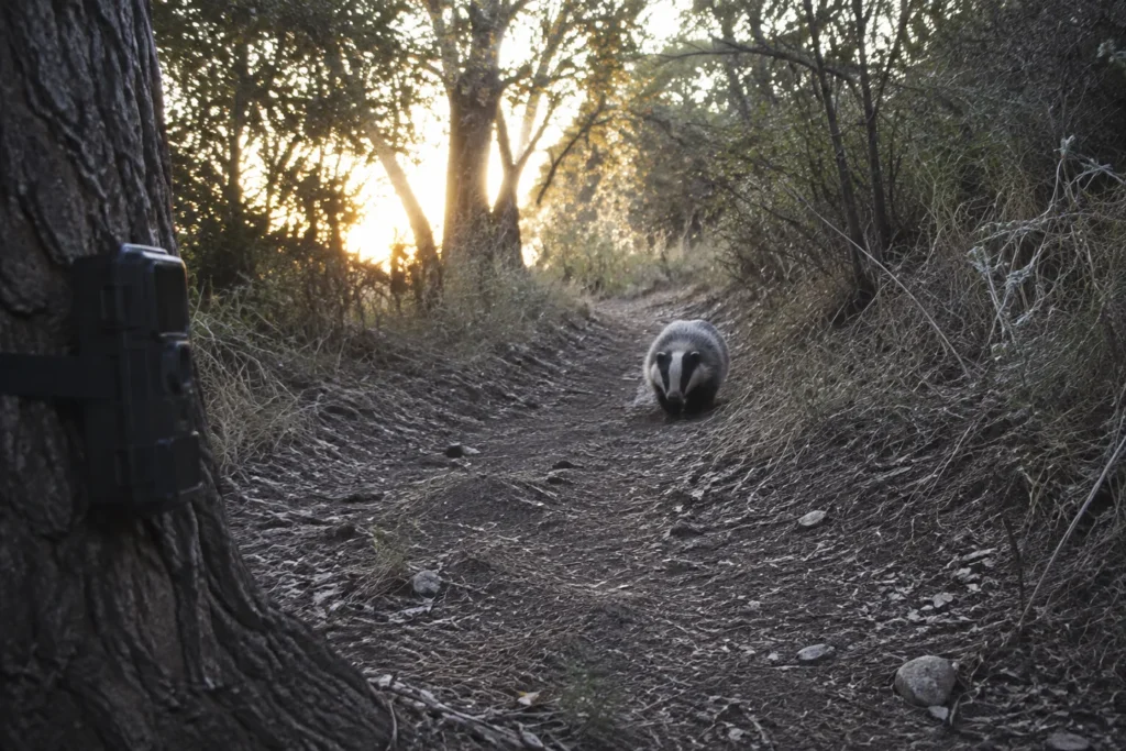 Cámara de fototrampeo sin marca junto a un paso natural de tejón