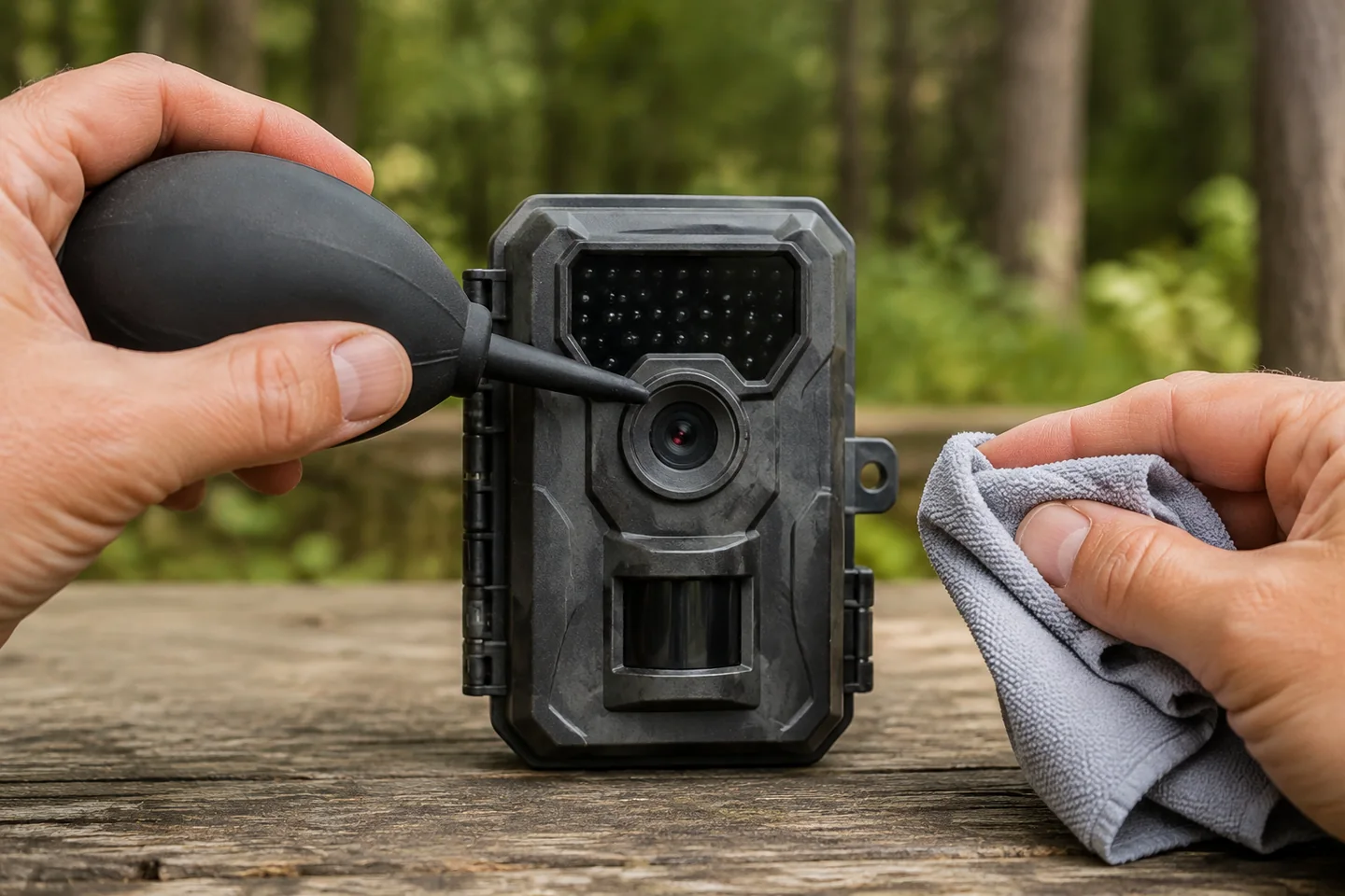 Limpieza de una cámara de fototrampeo con pera de aire y microfibra