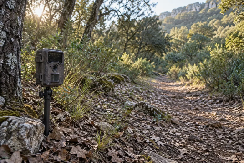 Estaca para cámara de fototrampeo junto a una senda natural