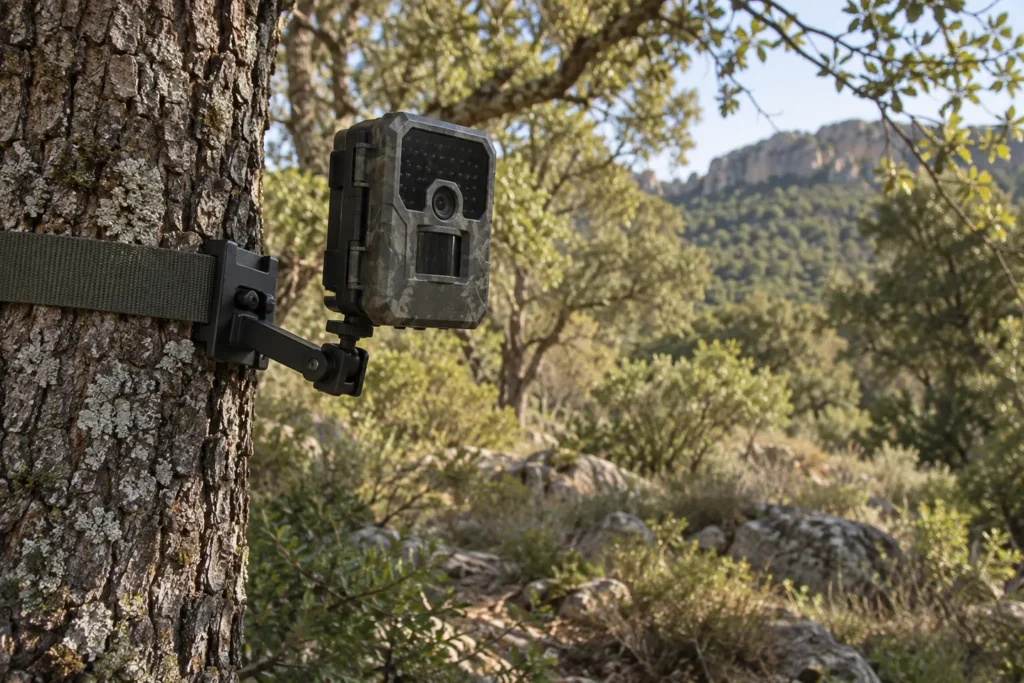 Soporte articulado para cámara de fototrampeo instalado sin marcas en un árbol