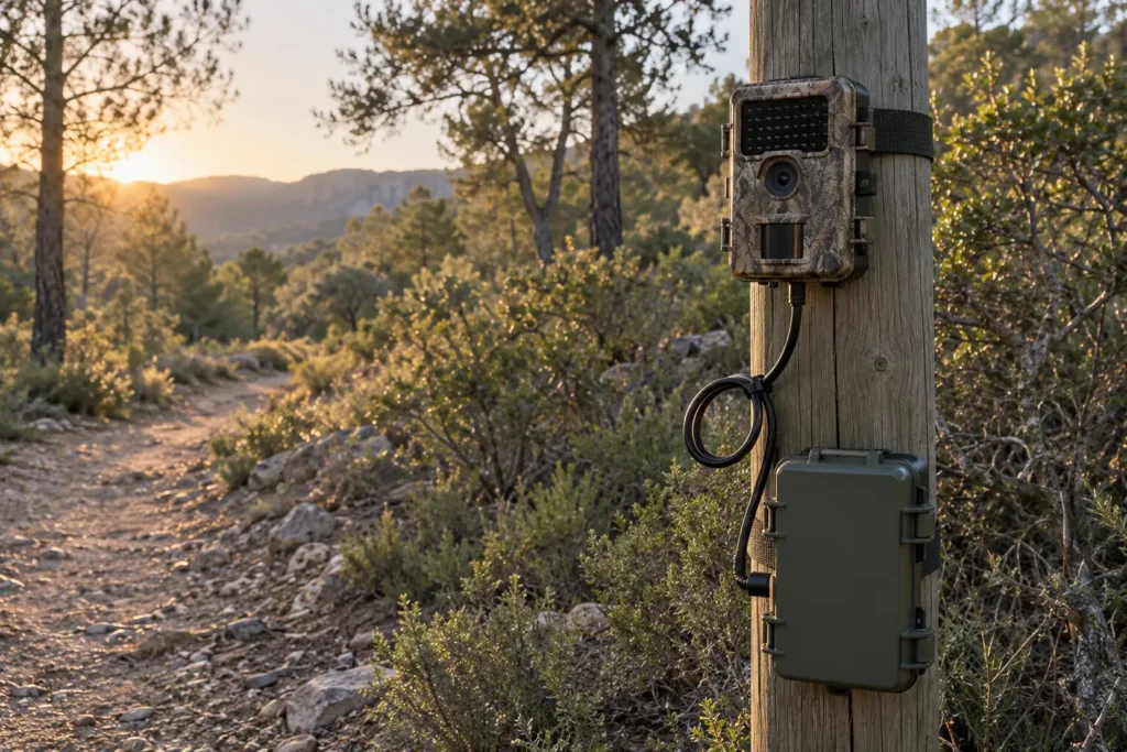 Alimentación externa para cámara de fototrampeo instalada de forma ordenada