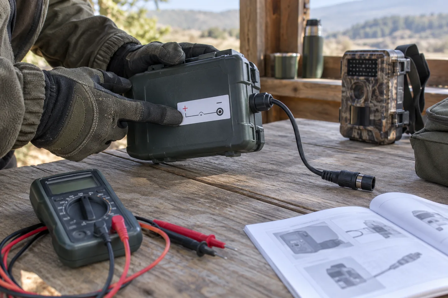 Comprobación de tensión y conector de alimentación externa para cámara de fototrampeo