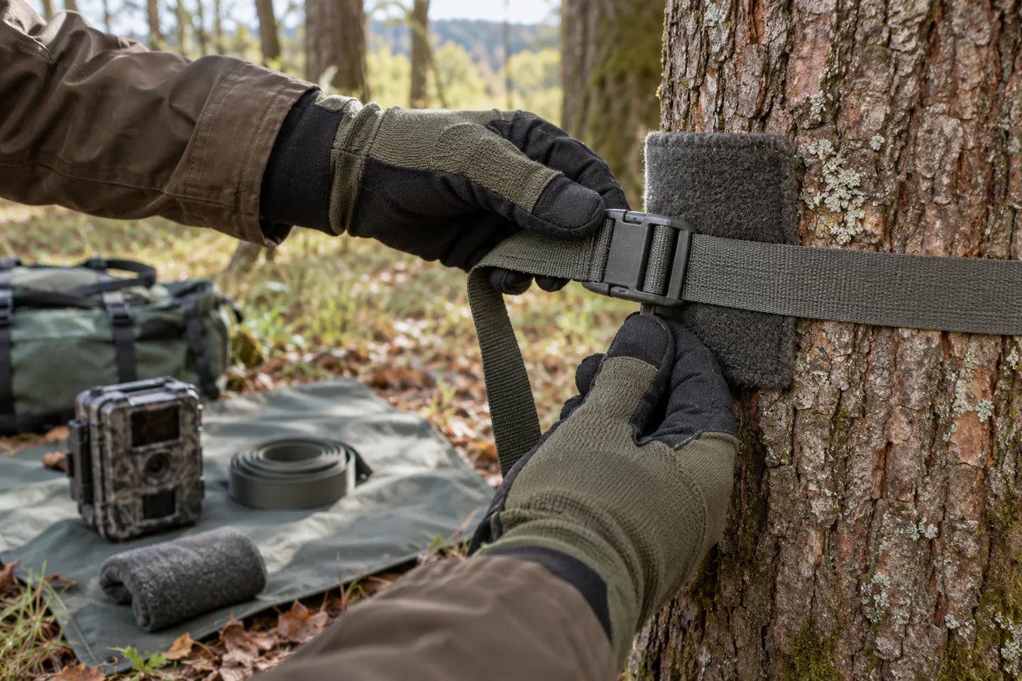 Ajuste de una correa de montaje para cámara de fototrampeo con protector de corteza