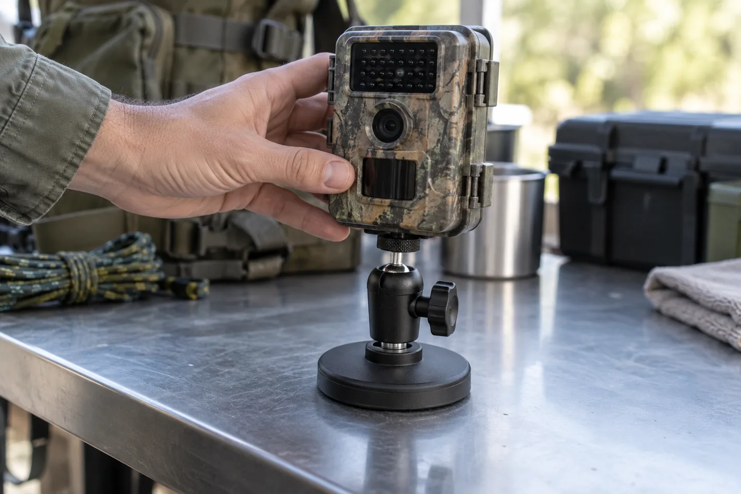 Prueba de estabilidad de una base magnética con rótula y cámara trampa