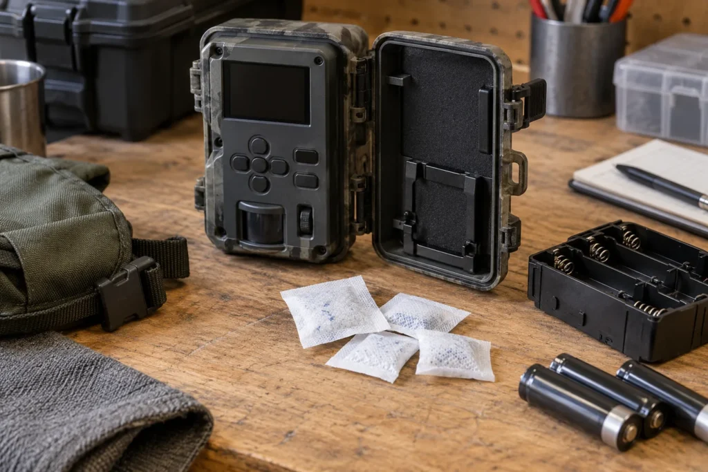 Sílica gel para cámara de fototrampeo junto a un equipo abierto en mesa seca