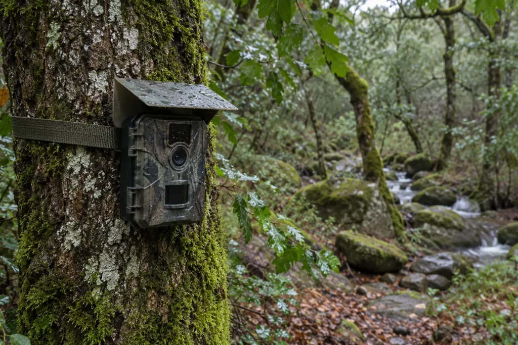 Cámara de fototrampeo con cubierta protectora y correa en un árbol