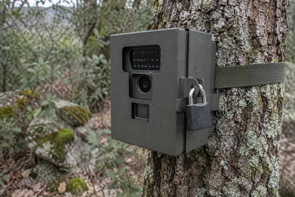 Candado compacto cerrando una caja de cámara de fototrampeo en un árbol