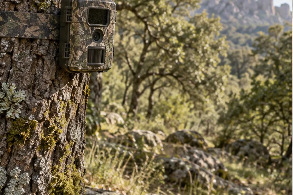 Cinta de camuflaje en una cámara de fototrampeo montada responsablemente