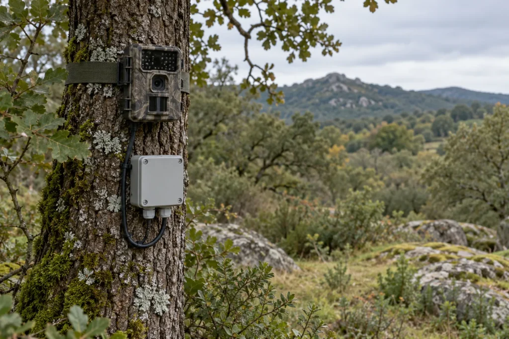 Cámara de fototrampeo con caja estanca de conexiones en un árbol