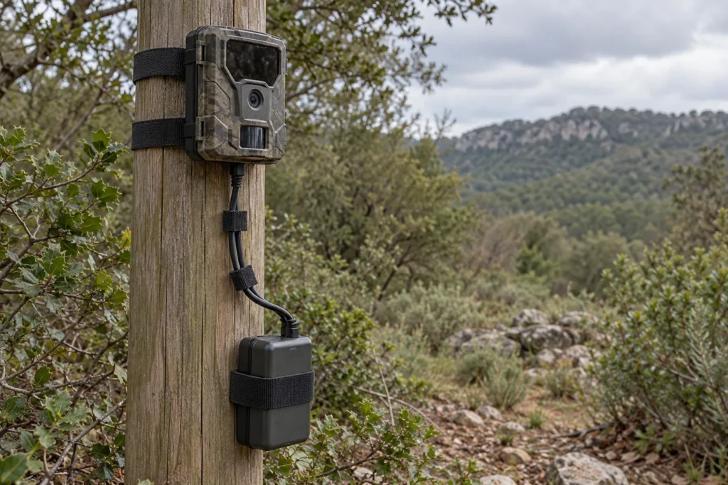 Bridas reutilizables para fototrampeo sujetando cables en un poste