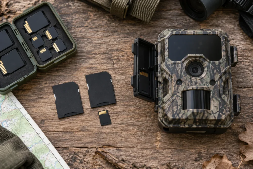 Adaptadores microSD a SD junto a una cámara de fototrampeo genérica