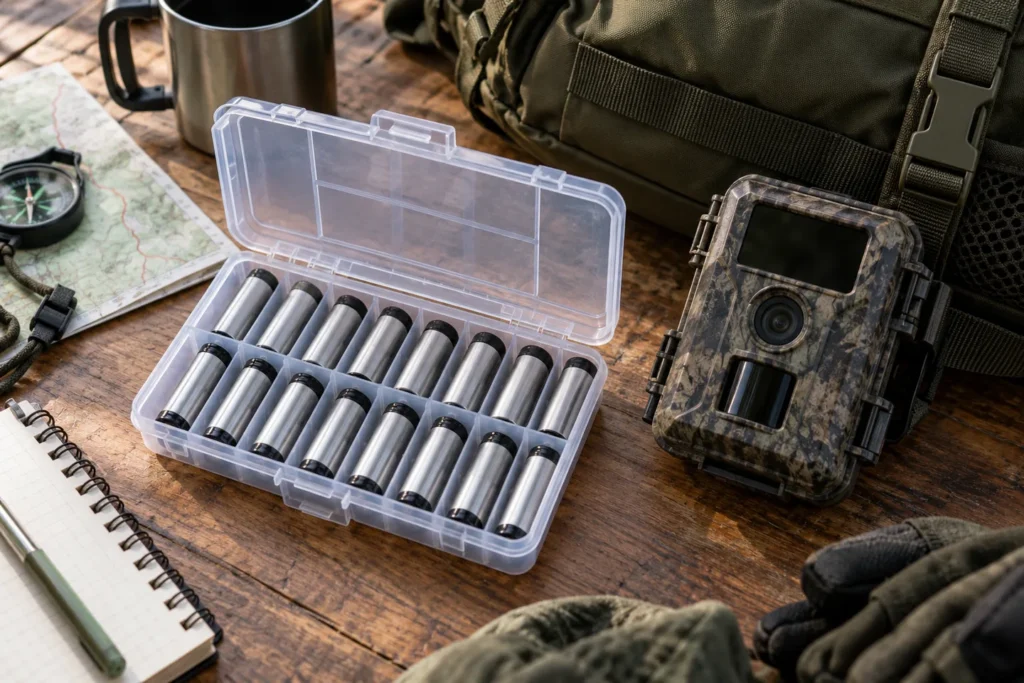 Caja organizadora con pilas AA junto a una cámara de fototrampeo