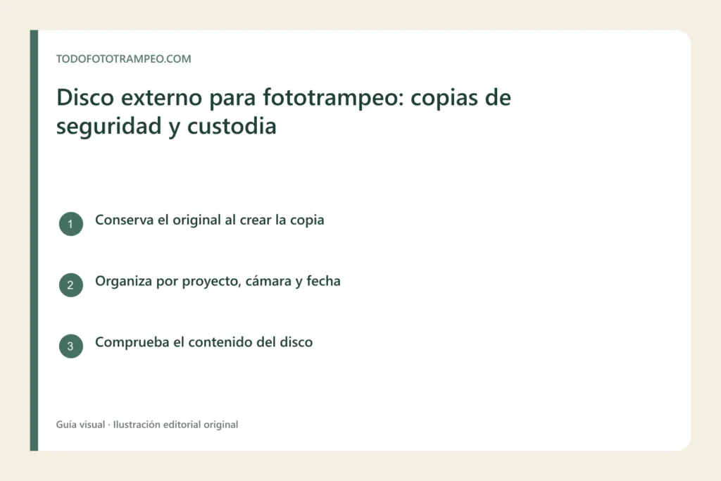 Infografía del respaldo de capturas de fototrampeo con original, copia externa y copia en otra ubicación